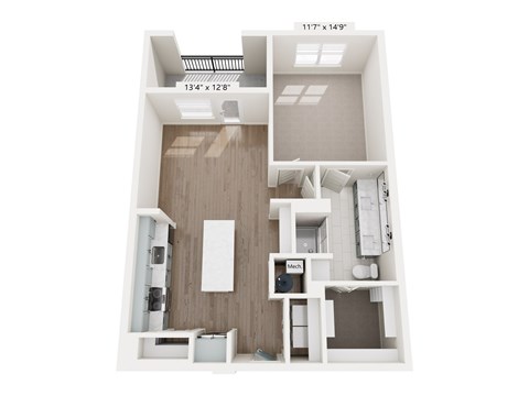 A floor plan of a small apartment with a kitchen, living room, and bathroom.
